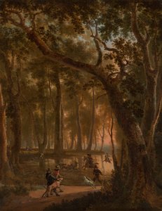 Caccia al cervo in un bosco da Jan Hackaert